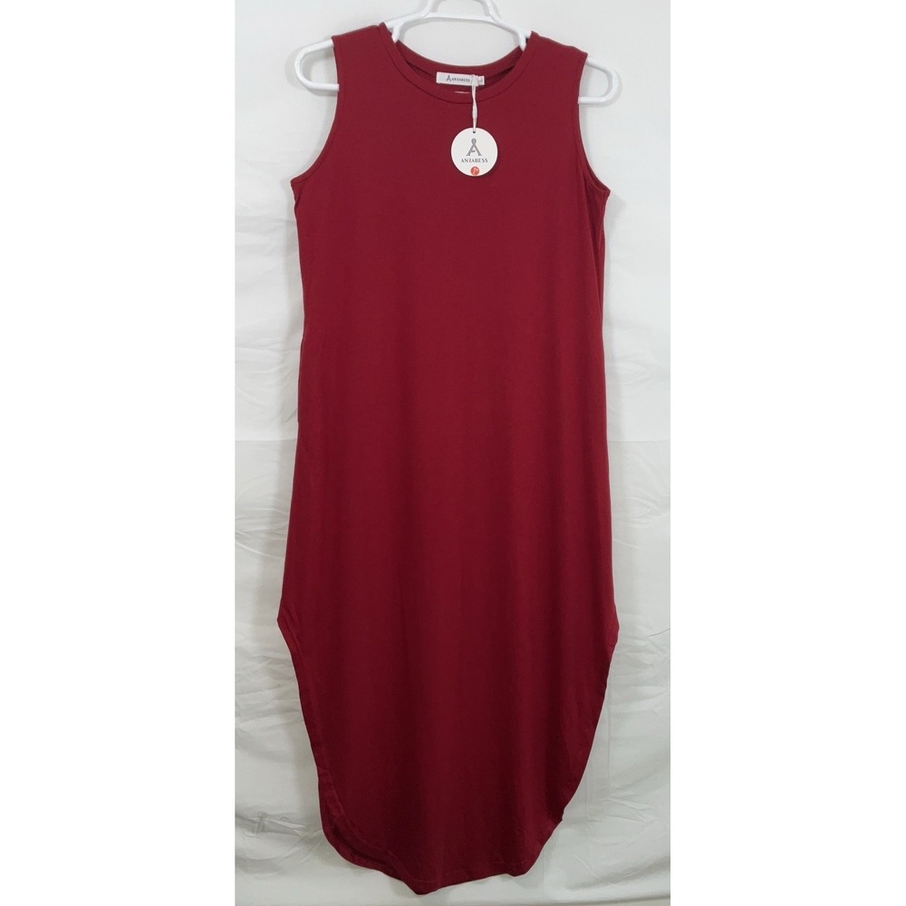 NWT Women's Anrabess Sleeveless Maxi T-Shirt Dress Loose Fit - Burgundy - Large